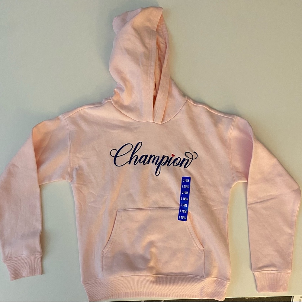 Champion Light Pink Kids Hoodie with Script Logo